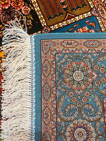 3x5 ft Multicolor Bamboo Silk Rug – Garden Panel Floral Design, Teal Blue Border, Luxury Silk Accent Rug for Living Room & Bedroom
