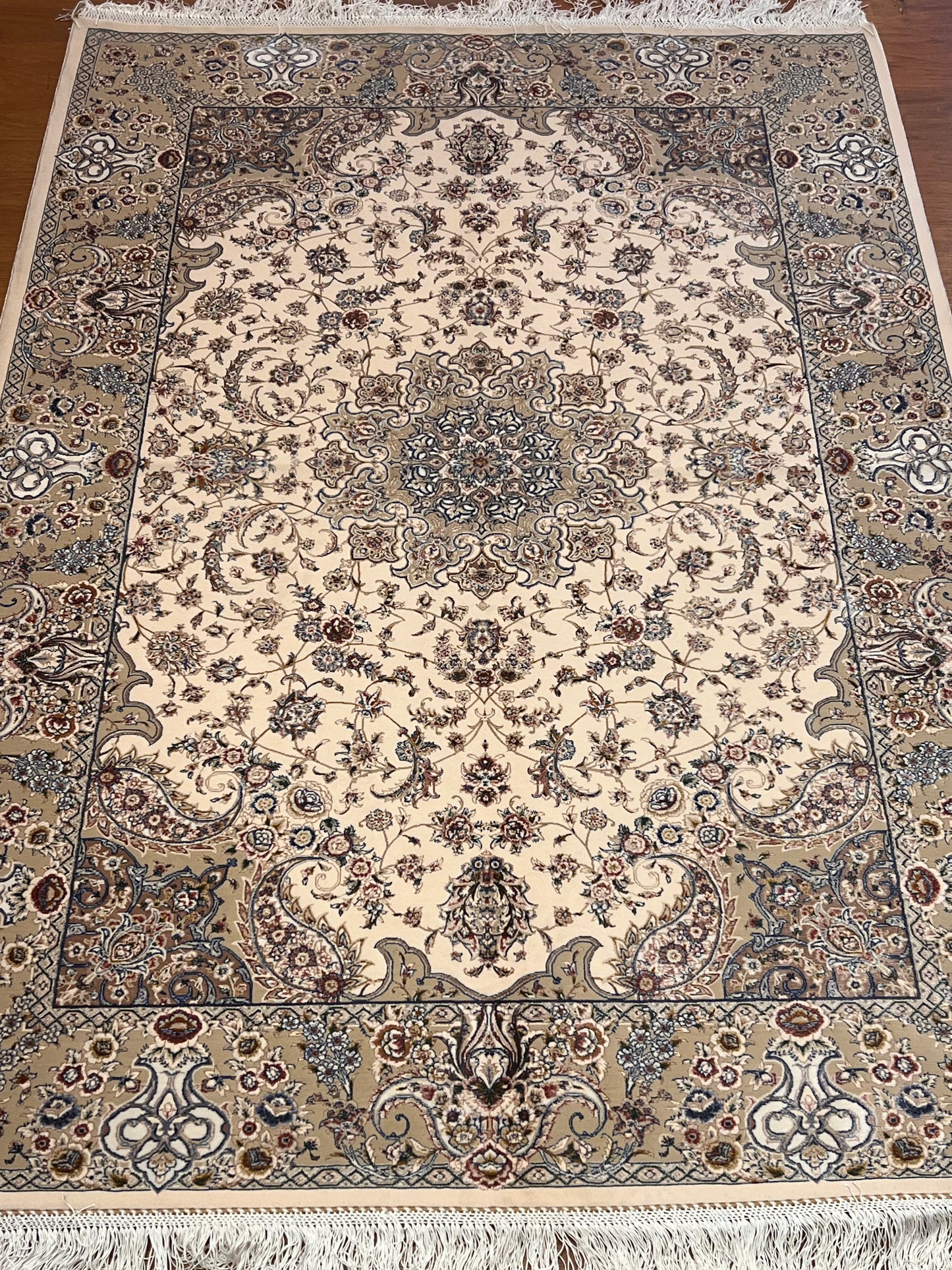 3x5 ft Ivory Bamboo Silk Rug – Elegant Floral Medallion Design, Beige & Blue Luxury Silk Accent Rug for Living Room & Bedroom