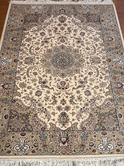 3x5 ft Ivory Bamboo Silk Rug – Elegant Floral Medallion Design, Beige & Blue Luxury Silk Accent Rug for Living Room & Bedroom