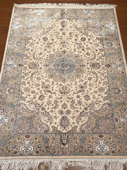 3x5 ft Ivory Bamboo Silk Rug – Elegant Floral Medallion Design, Beige & Blue Luxury Silk Accent Rug for Living Room & Bedroom