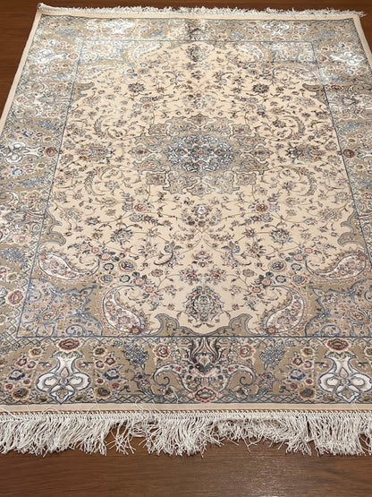 3x5 ft Ivory Bamboo Silk Rug – Elegant Floral Medallion Design, Beige & Blue Luxury Silk Accent Rug for Living Room & Bedroom