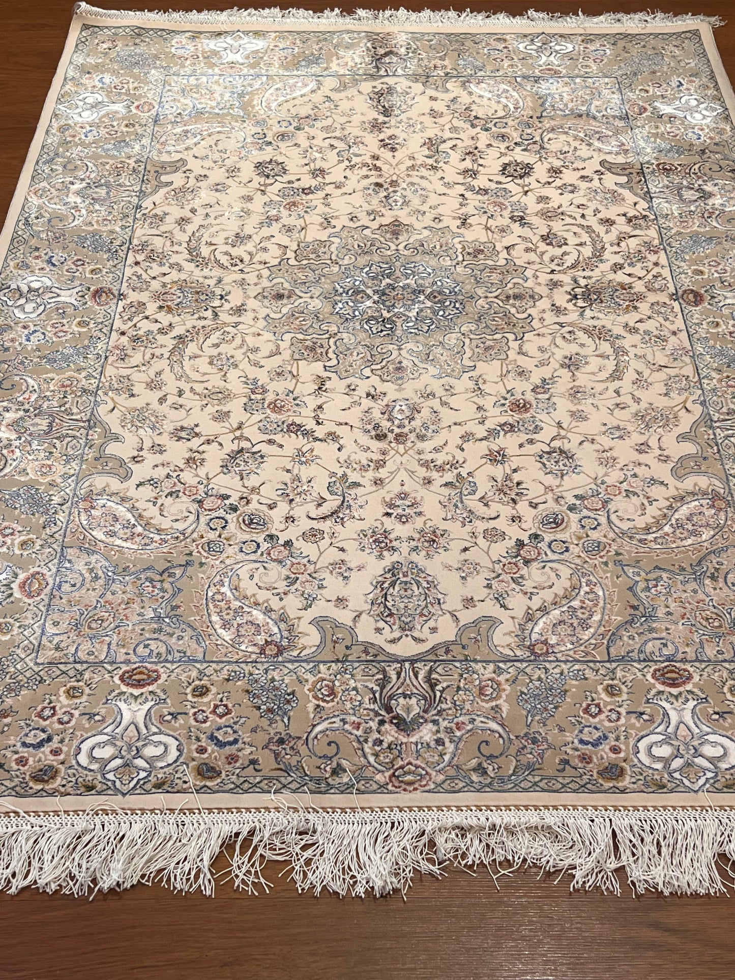 3x5 ft Ivory Bamboo Silk Rug – Elegant Floral Medallion Design, Beige & Blue Luxury Silk Accent Rug for Living Room & Bedroom