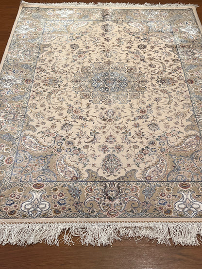 3x5 ft Ivory Bamboo Silk Rug – Elegant Floral Medallion Design, Beige & Blue Luxury Silk Accent Rug for Living Room & Bedroom