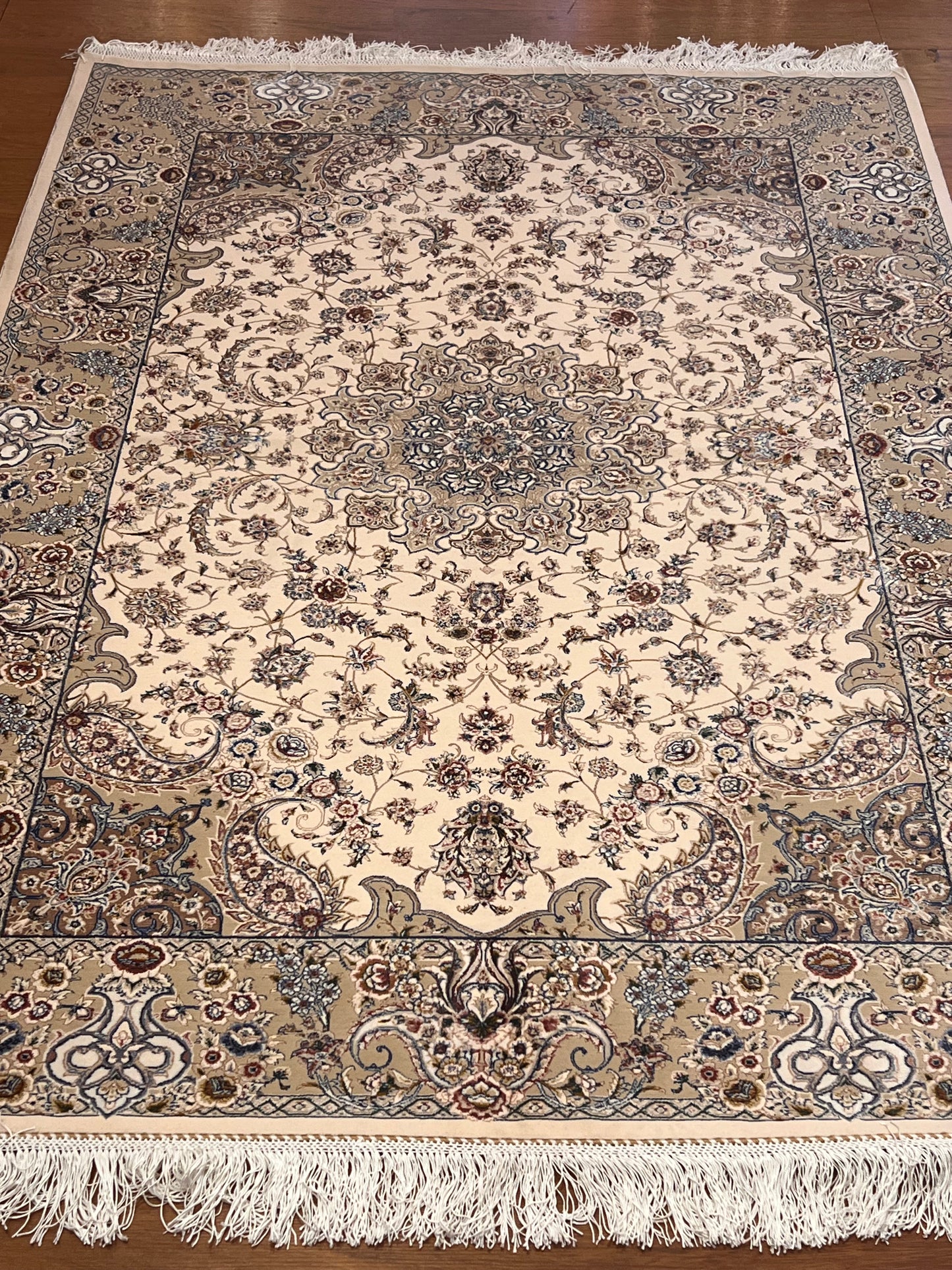 3x5 ft Ivory Bamboo Silk Rug – Elegant Floral Medallion Design, Beige & Blue Luxury Silk Accent Rug for Living Room & Bedroom