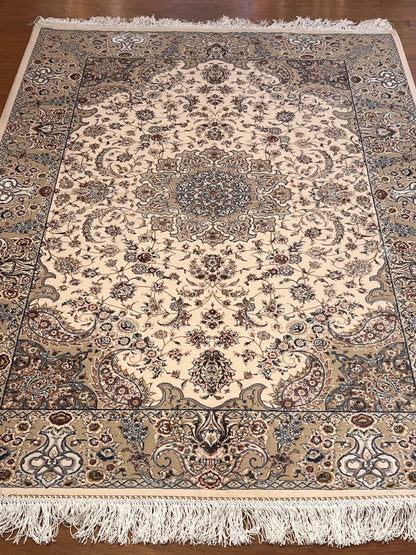 3x5 ft Ivory Bamboo Silk Rug – Elegant Floral Medallion Design, Beige & Blue Luxury Silk Accent Rug for Living Room & Bedroom