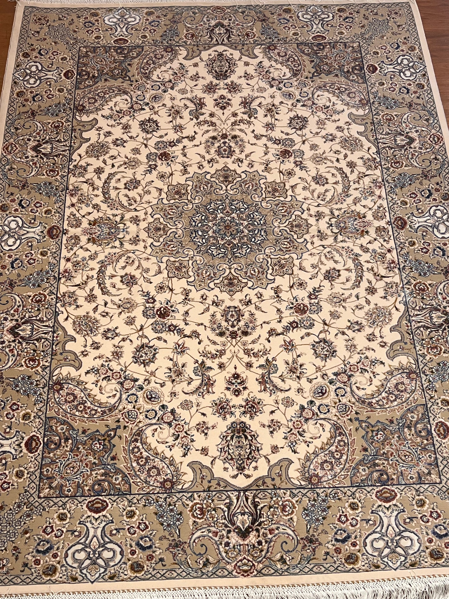 3x5 ft Ivory Bamboo Silk Rug – Elegant Floral Medallion Design, Beige & Blue Luxury Silk Accent Rug for Living Room & Bedroom