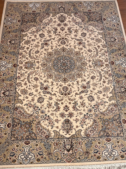 3x5 ft Ivory Bamboo Silk Rug – Elegant Floral Medallion Design, Beige & Blue Luxury Silk Accent Rug for Living Room & Bedroom