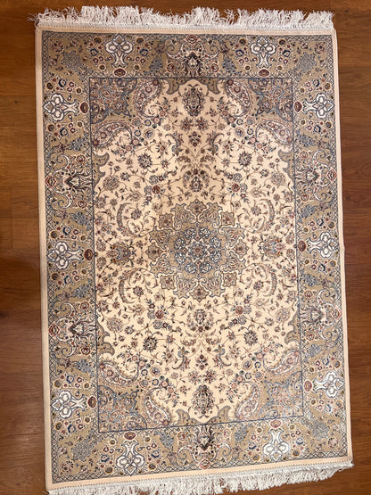 3x5 ft Ivory Bamboo Silk Rug – Elegant Floral Medallion Design, Beige & Blue Luxury Silk Accent Rug for Living Room & Bedroom