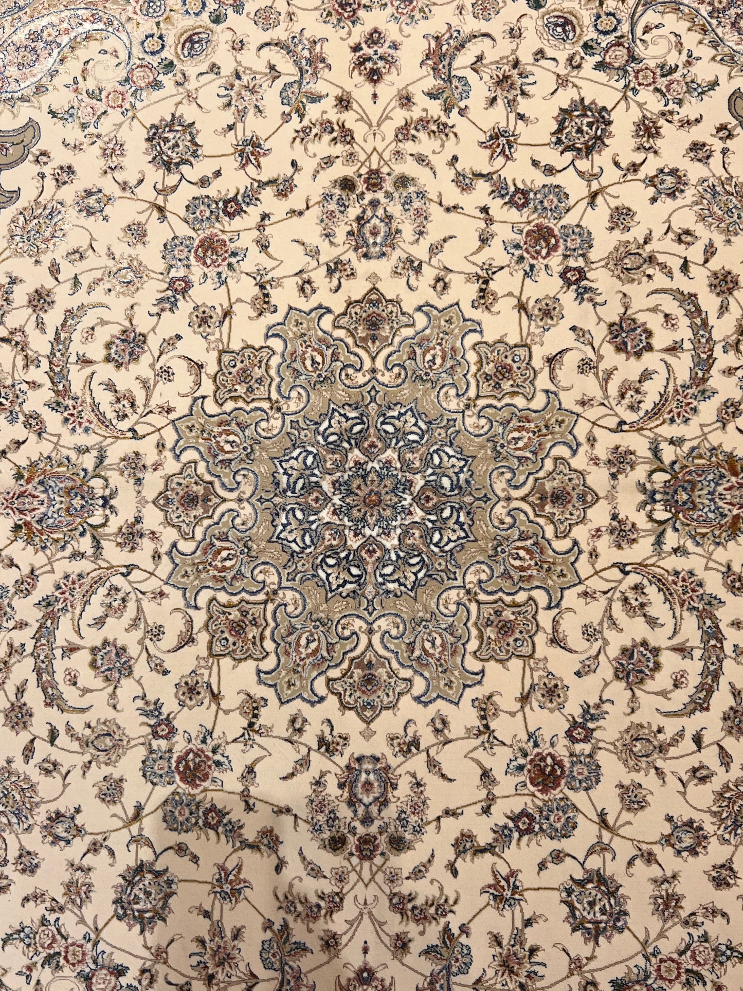 3x5 ft Ivory Bamboo Silk Rug – Elegant Floral Medallion Design, Beige & Blue Luxury Silk Accent Rug for Living Room & Bedroom
