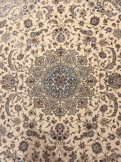 3x5 ft Ivory Bamboo Silk Rug – Elegant Floral Medallion Design, Beige & Blue Luxury Silk Accent Rug for Living Room & Bedroom