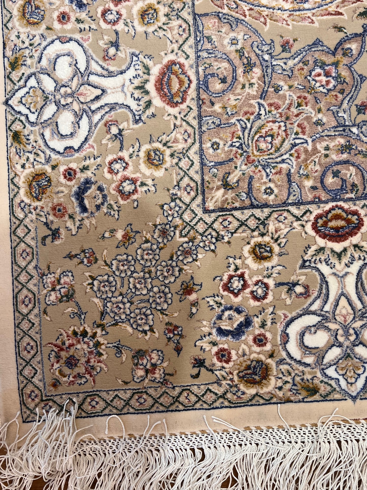 3x5 ft Ivory Bamboo Silk Rug – Elegant Floral Medallion Design, Beige & Blue Luxury Silk Accent Rug for Living Room & Bedroom