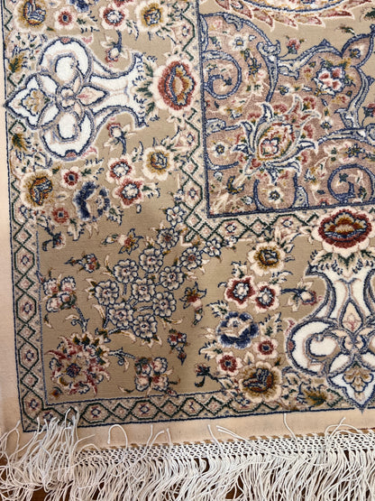 3x5 ft Ivory Bamboo Silk Rug – Elegant Floral Medallion Design, Beige & Blue Luxury Silk Accent Rug for Living Room & Bedroom