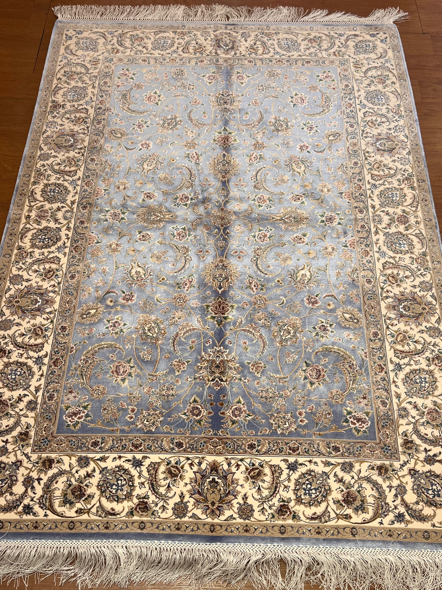3x5 ft Light Blue Bamboo Silk Rug – Ivory Floral Border, Elegant Classic Design, Luxury Silk Accent Rug for Living Room & Bedroom