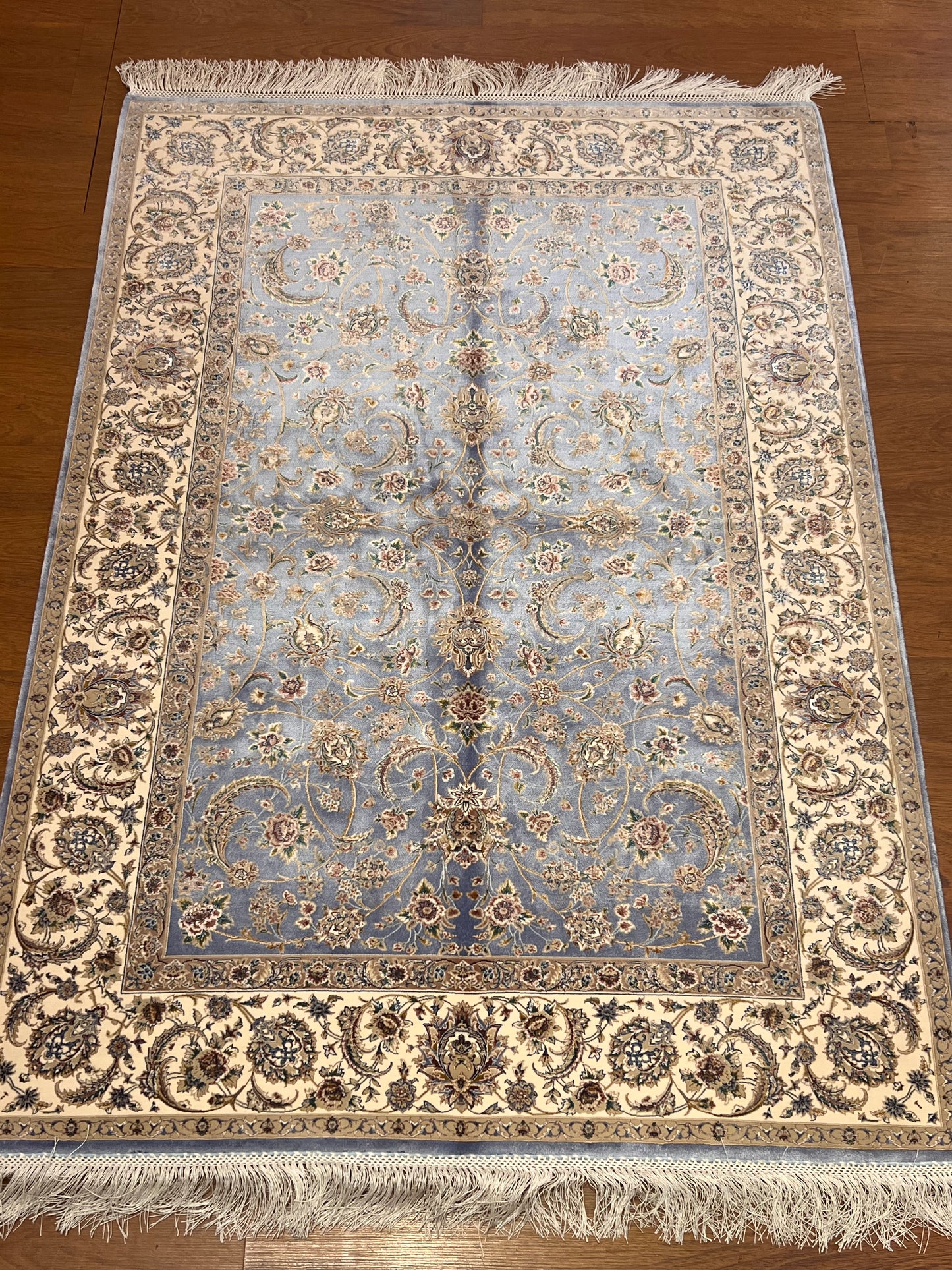 3x5 ft Light Blue Bamboo Silk Rug – Ivory Floral Border, Elegant Classic Design, Luxury Silk Accent Rug for Living Room & Bedroom