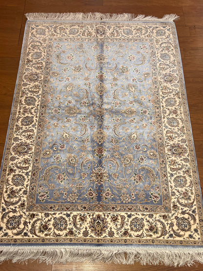 3x5 ft Light Blue Bamboo Silk Rug – Ivory Floral Border, Elegant Classic Design, Luxury Silk Accent Rug for Living Room & Bedroom