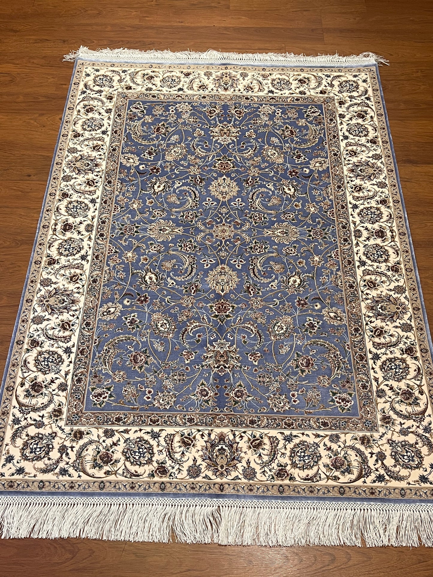 3x5 ft Light Blue Bamboo Silk Rug – Ivory Floral Border, Elegant Classic Design, Luxury Silk Accent Rug for Living Room & Bedroom
