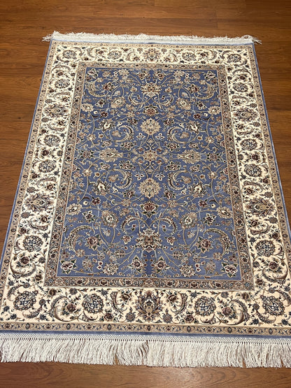 3x5 ft Light Blue Bamboo Silk Rug – Ivory Floral Border, Elegant Classic Design, Luxury Silk Accent Rug for Living Room & Bedroom