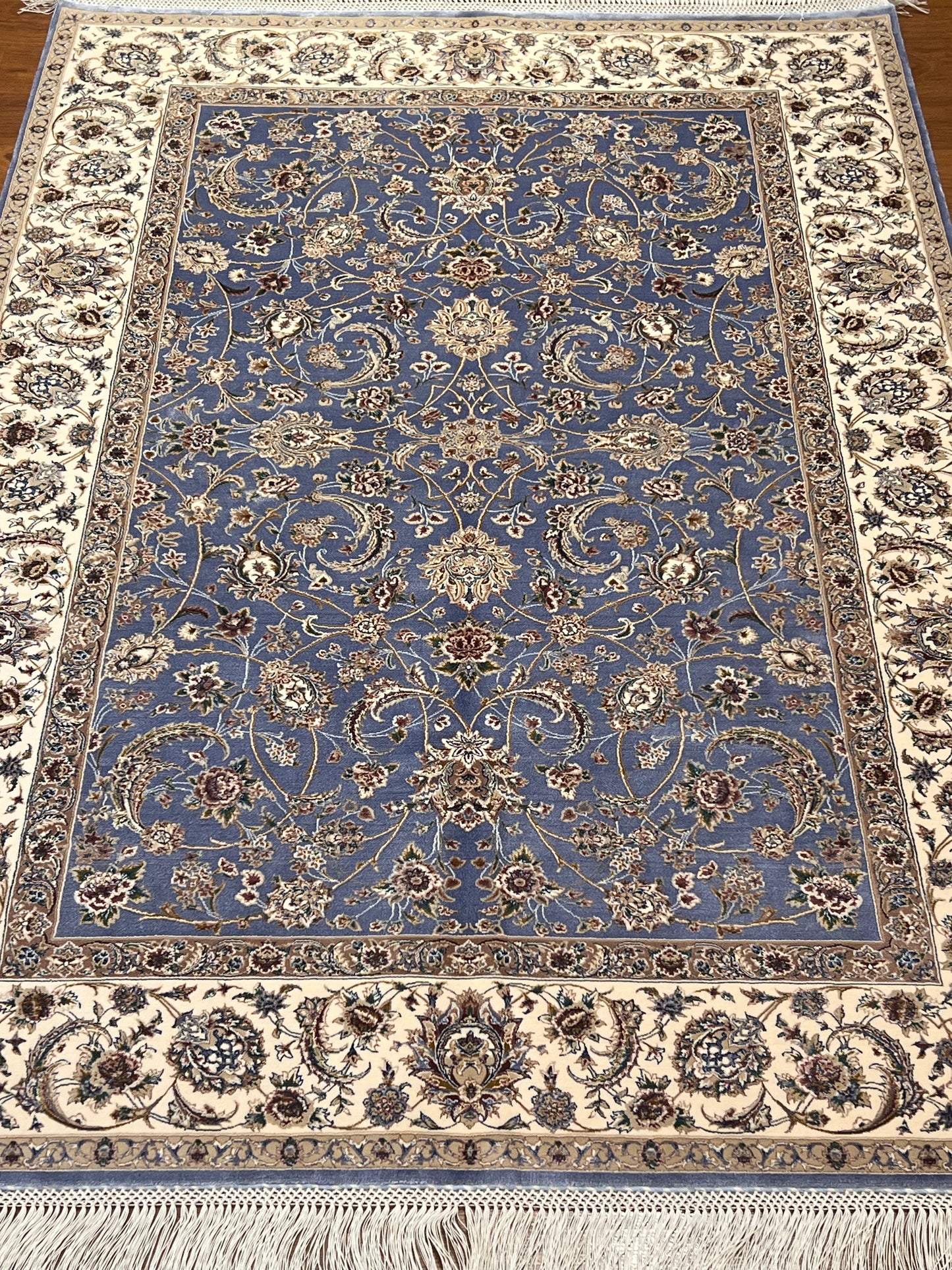 3x5 ft Light Blue Bamboo Silk Rug – Ivory Floral Border, Elegant Classic Design, Luxury Silk Accent Rug for Living Room & Bedroom