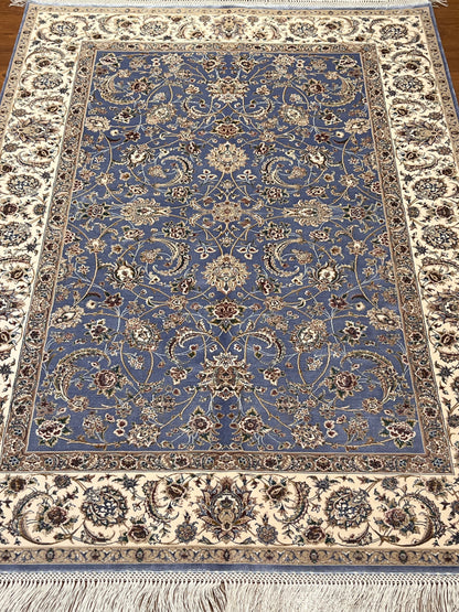 3x5 ft Light Blue Bamboo Silk Rug – Ivory Floral Border, Elegant Classic Design, Luxury Silk Accent Rug for Living Room & Bedroom