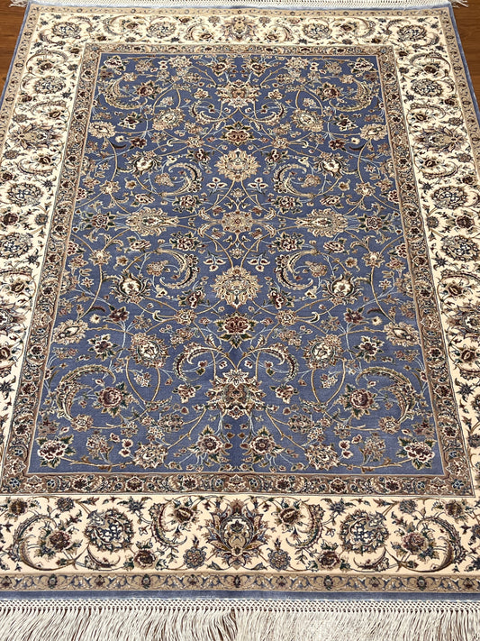 3x5 ft Light Blue Bamboo Silk Rug – Ivory Floral Border, Elegant Classic Design, Luxury Silk Accent Rug for Living Room & Bedroom