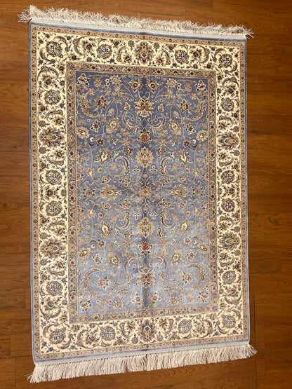 3x5 ft Light Blue Bamboo Silk Rug – Ivory Floral Border, Elegant Classic Design, Luxury Silk Accent Rug for Living Room & Bedroom