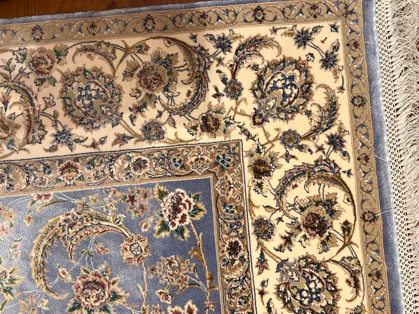 3x5 ft Light Blue Bamboo Silk Rug – Ivory Floral Border, Elegant Classic Design, Luxury Silk Accent Rug for Living Room & Bedroom