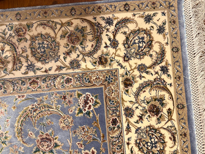 3x5 ft Light Blue Bamboo Silk Rug – Ivory Floral Border, Elegant Classic Design, Luxury Silk Accent Rug for Living Room & Bedroom