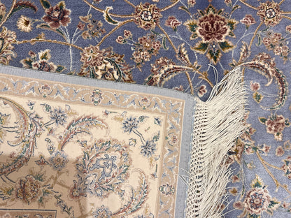 3x5 ft Light Blue Bamboo Silk Rug – Ivory Floral Border, Elegant Classic Design, Luxury Silk Accent Rug for Living Room & Bedroom