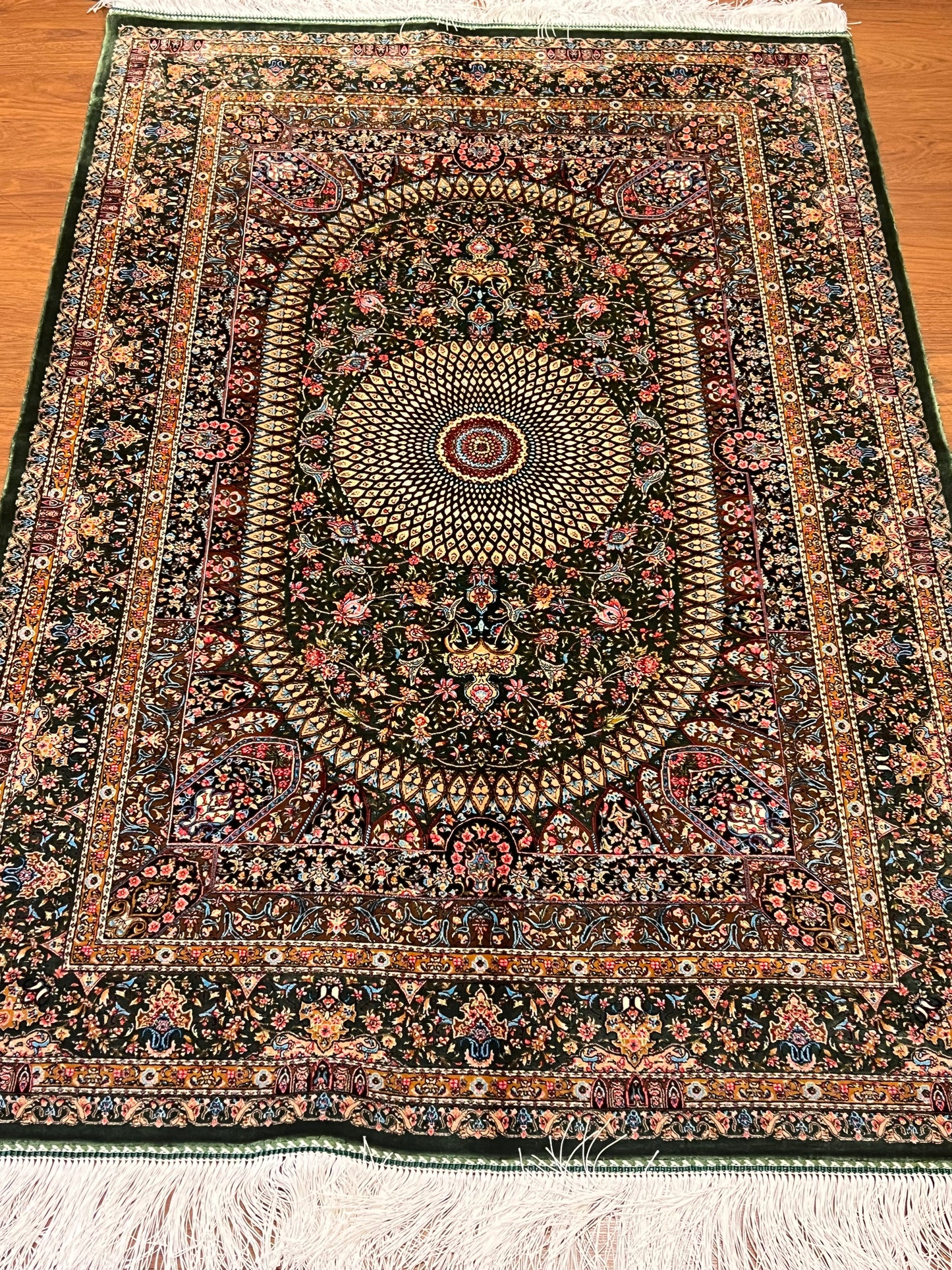 3x5 ft Green Bamboo Silk Rug – Ornate Floral Medallion Design, Luxury Silk Accent Rug, Elegant Classic Home Decor