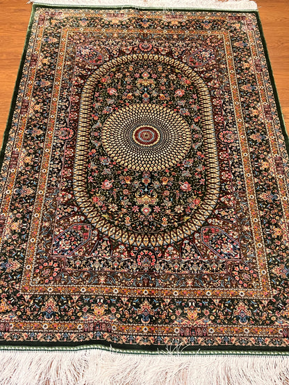 3x5 ft Green Bamboo Silk Rug – Ornate Floral Medallion Design, Luxury Silk Accent Rug, Elegant Classic Home Decor
