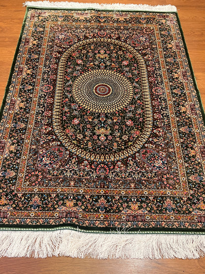 3x5 ft Green Bamboo Silk Rug – Ornate Floral Medallion Design, Luxury Silk Accent Rug, Elegant Classic Home Decor