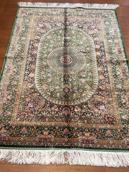 3x5 ft Green Bamboo Silk Rug – Ornate Floral Medallion Design, Luxury Silk Accent Rug, Elegant Classic Home Decor