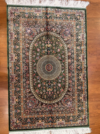 3x5 ft Green Bamboo Silk Rug – Ornate Floral Medallion Design, Luxury Silk Accent Rug, Elegant Classic Home Decor