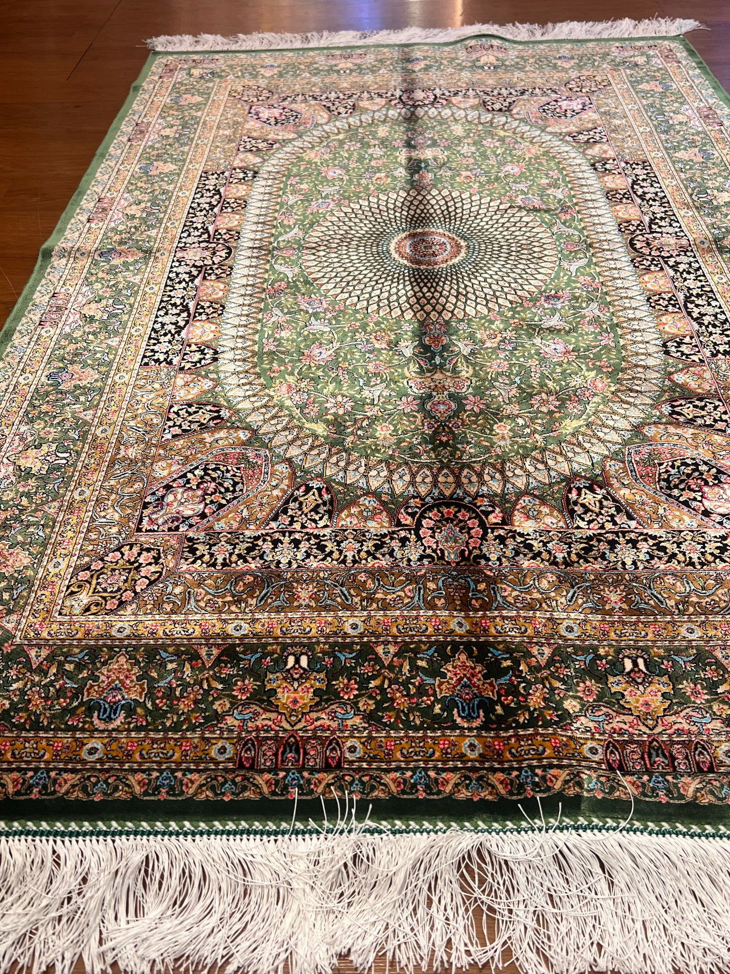 3x5 ft Green Bamboo Silk Rug – Ornate Floral Medallion Design, Luxury Silk Accent Rug, Elegant Classic Home Decor