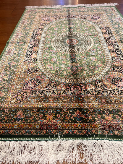 3x5 ft Green Bamboo Silk Rug – Ornate Floral Medallion Design, Luxury Silk Accent Rug, Elegant Classic Home Decor