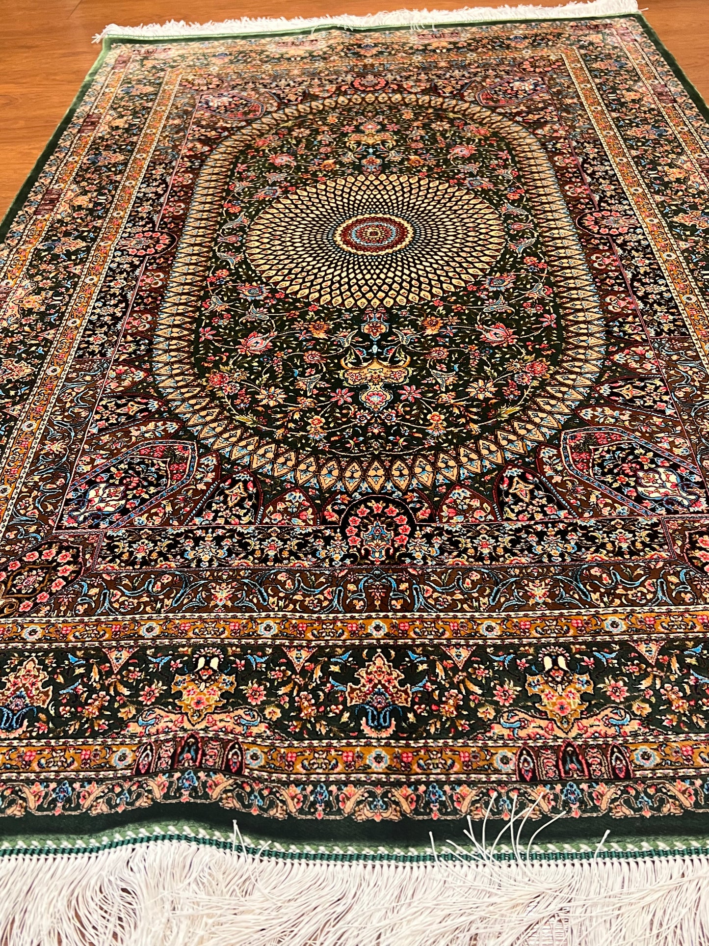 3x5 ft Green Bamboo Silk Rug – Ornate Floral Medallion Design, Luxury Silk Accent Rug, Elegant Classic Home Decor
