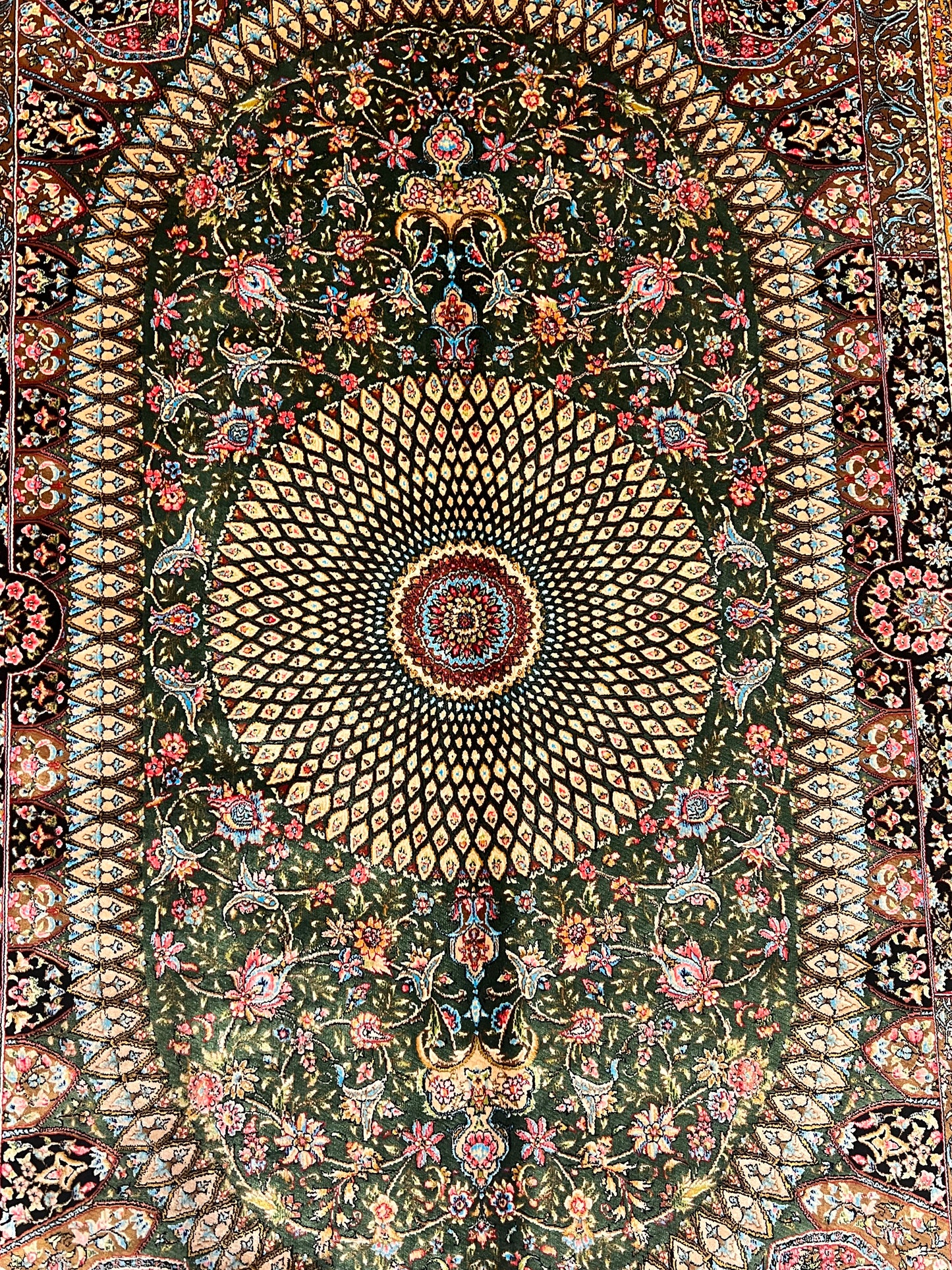 3x5 ft Green Bamboo Silk Rug – Ornate Floral Medallion Design, Luxury Silk Accent Rug, Elegant Classic Home Decor