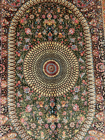 3x5 ft Green Bamboo Silk Rug – Ornate Floral Medallion Design, Luxury Silk Accent Rug, Elegant Classic Home Decor