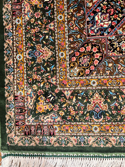 3x5 ft Green Bamboo Silk Rug – Ornate Floral Medallion Design, Luxury Silk Accent Rug, Elegant Classic Home Decor