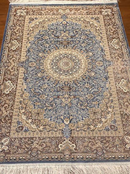 3x5 ft Light Blue Bamboo Silk Rug – Elegant Medallion Design, Beige & Taupe Luxury Silk Rug, Classic Accent Rug for Living Room & Bedroom