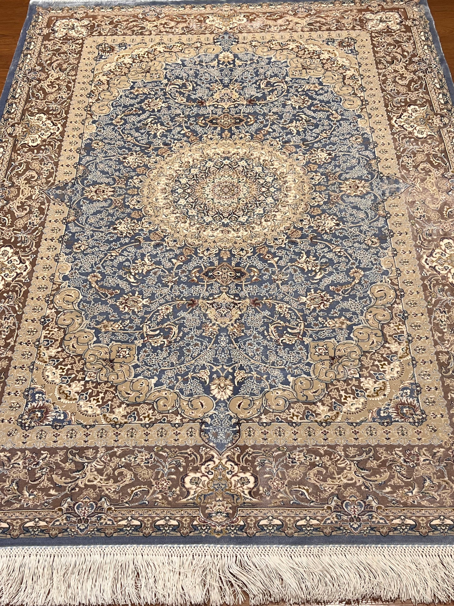 3x5 ft Light Blue Bamboo Silk Rug – Elegant Medallion Design, Beige & Taupe Luxury Silk Rug, Classic Accent Rug for Living Room & Bedroom