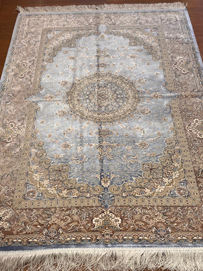 3x5 ft Light Blue Bamboo Silk Rug – Elegant Medallion Design, Beige & Taupe Luxury Silk Rug, Classic Accent Rug for Living Room & Bedroom