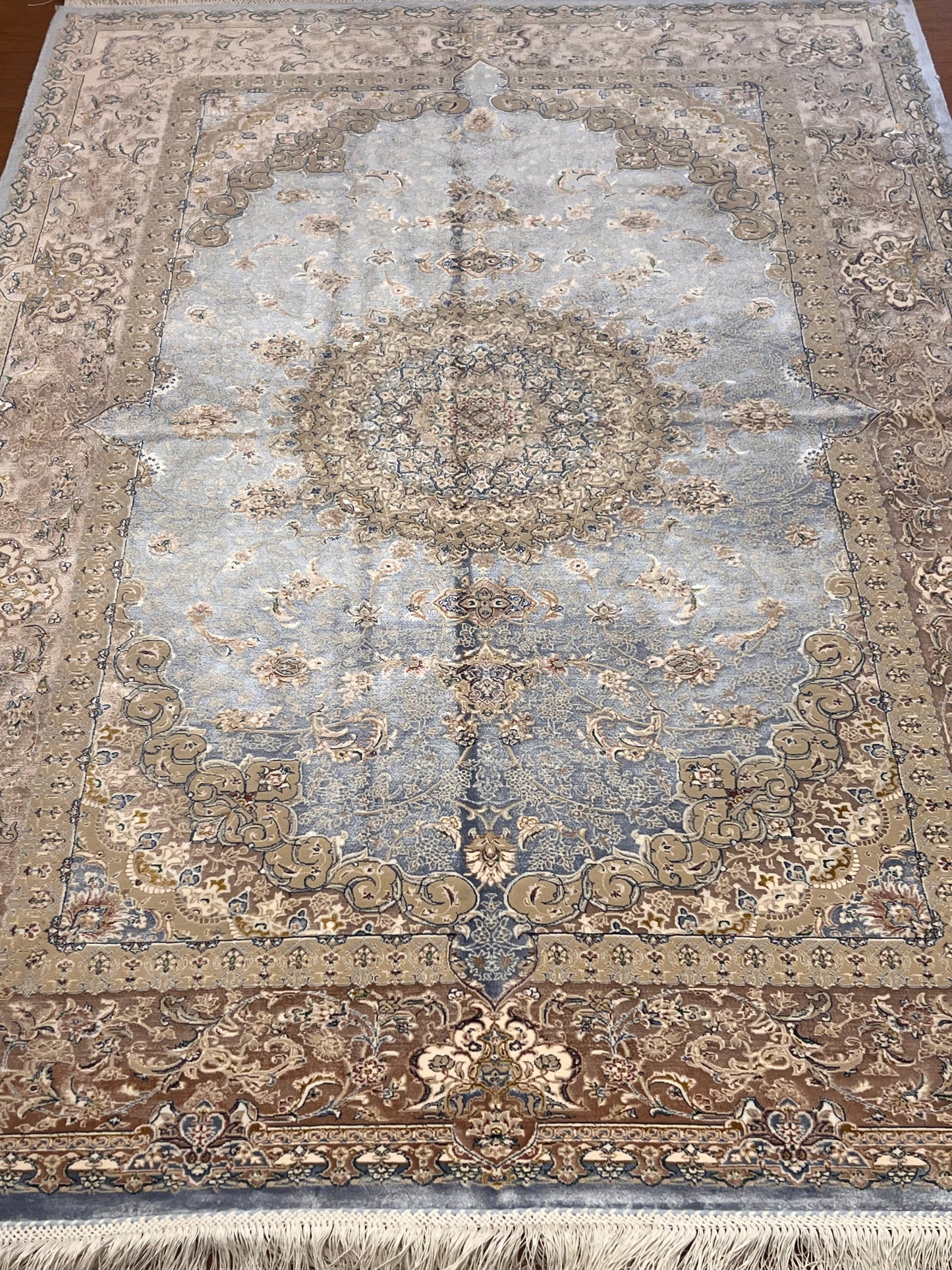 3x5 ft Light Blue Bamboo Silk Rug – Elegant Medallion Design, Beige & Taupe Luxury Silk Rug, Classic Accent Rug for Living Room & Bedroom