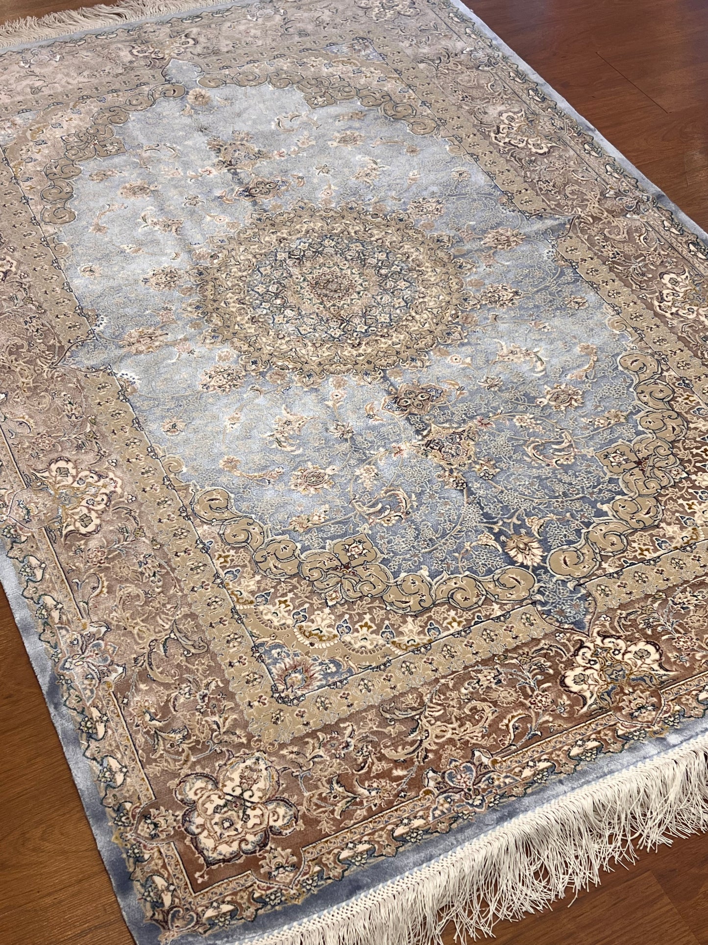 3x5 ft Light Blue Bamboo Silk Rug – Elegant Medallion Design, Beige & Taupe Luxury Silk Rug, Classic Accent Rug for Living Room & Bedroom