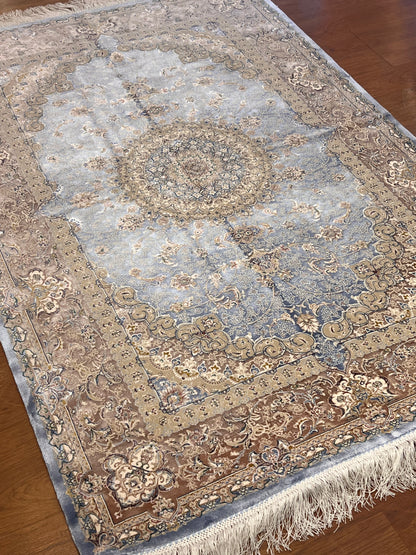 3x5 ft Light Blue Bamboo Silk Rug – Elegant Medallion Design, Beige & Taupe Luxury Silk Rug, Classic Accent Rug for Living Room & Bedroom
