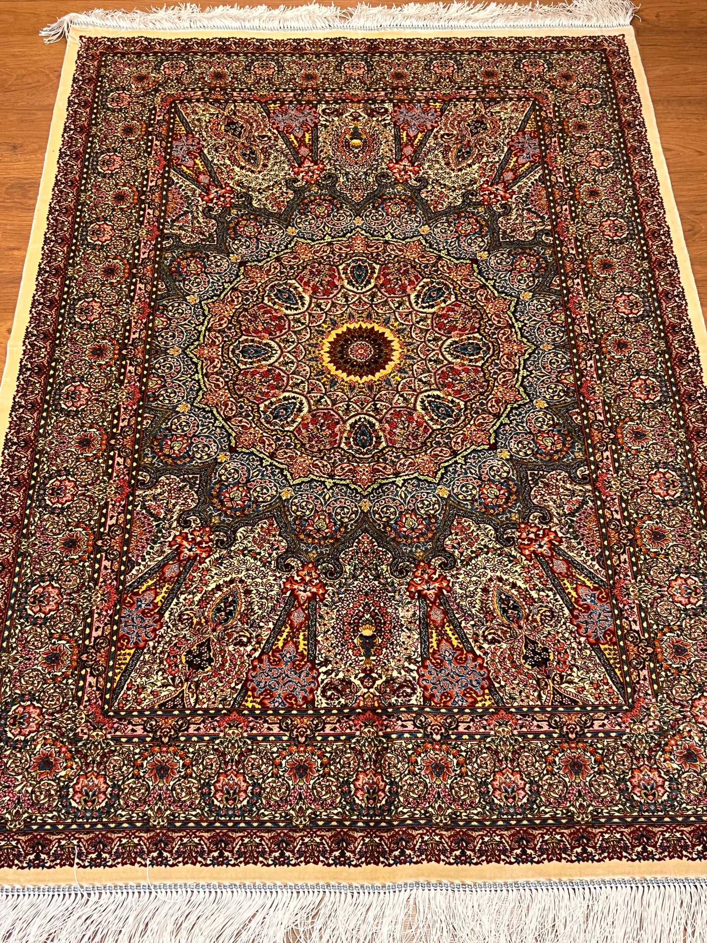 3x5 ft Ivory & Blue Bamboo Silk Rug – Ornate Medallion Floral Design, Luxury Silk Accent Rug for Living Room, Bedroom & Entryway