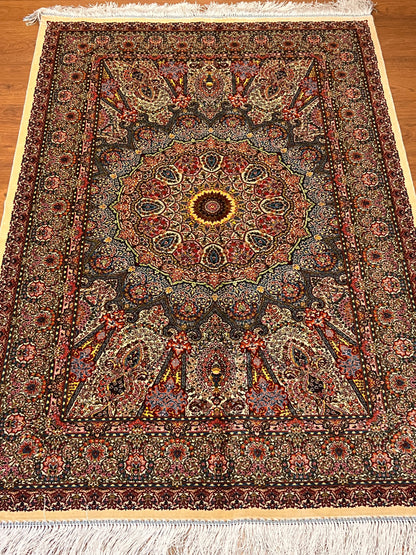 3x5 ft Ivory & Blue Bamboo Silk Rug – Ornate Medallion Floral Design, Luxury Silk Accent Rug for Living Room, Bedroom & Entryway
