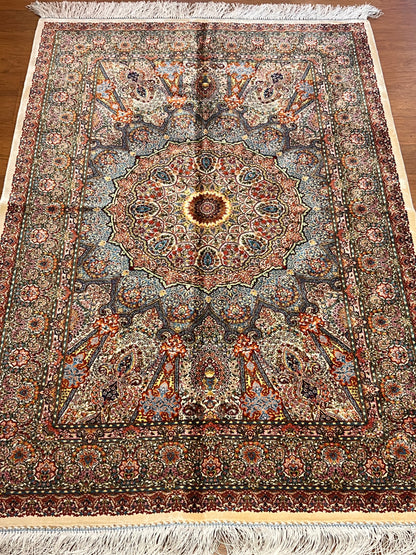 3x5 ft Ivory & Blue Bamboo Silk Rug – Ornate Medallion Floral Design, Luxury Silk Accent Rug for Living Room, Bedroom & Entryway