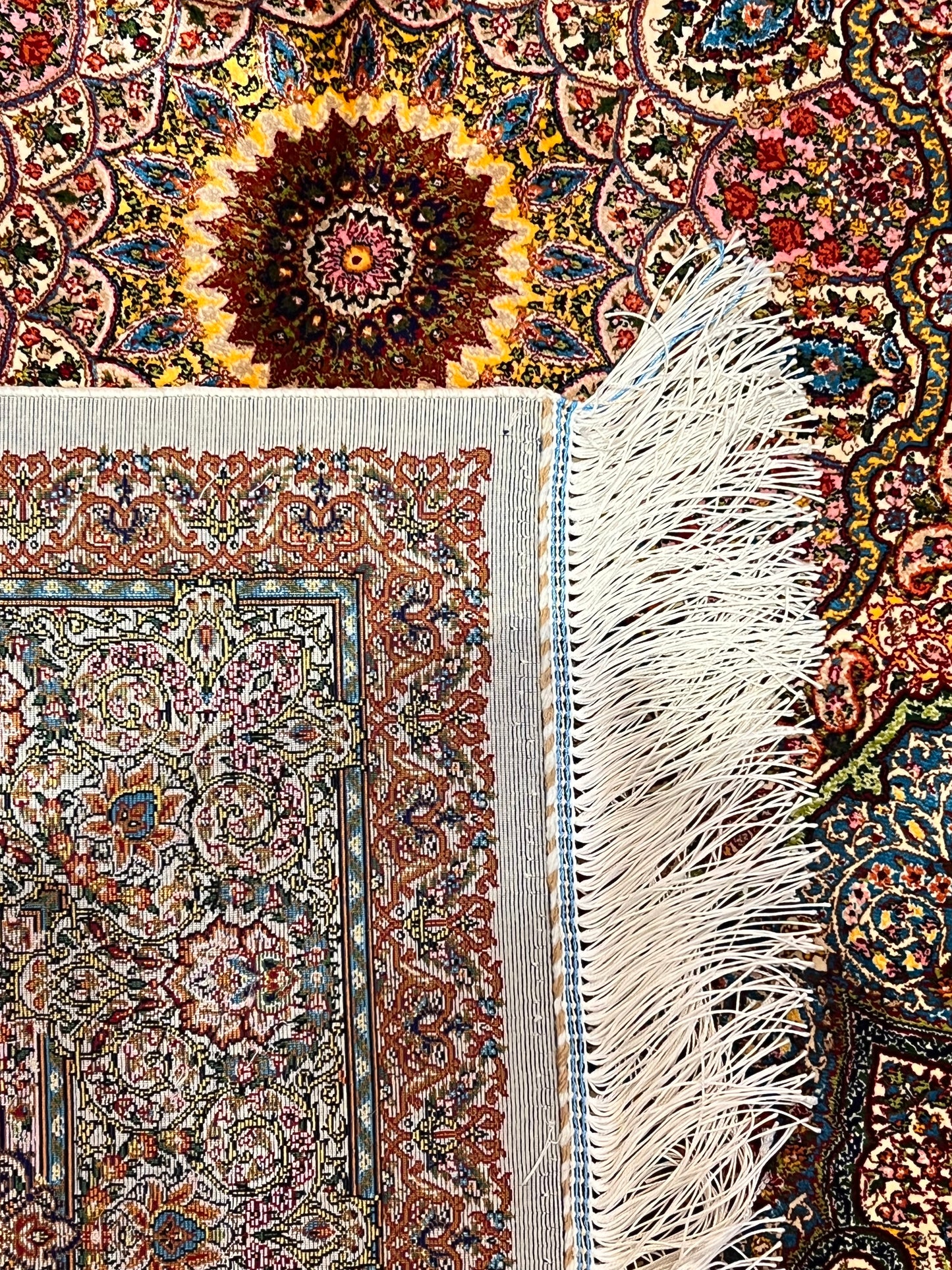 3x5 ft Ivory & Blue Bamboo Silk Rug – Ornate Medallion Floral Design, Luxury Silk Accent Rug for Living Room, Bedroom & Entryway
