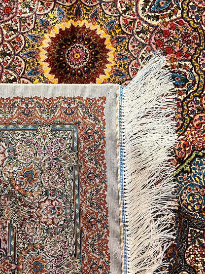 3x5 ft Ivory & Blue Bamboo Silk Rug – Ornate Medallion Floral Design, Luxury Silk Accent Rug for Living Room, Bedroom & Entryway